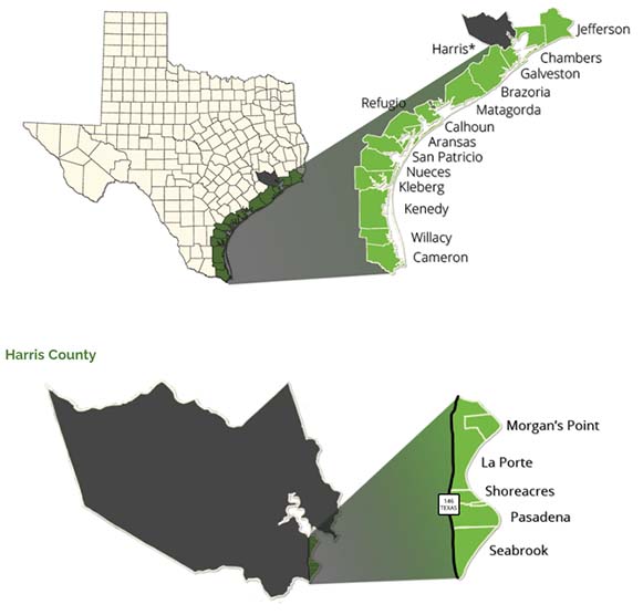 Designated catastrophe areas for windstorms in Texas.